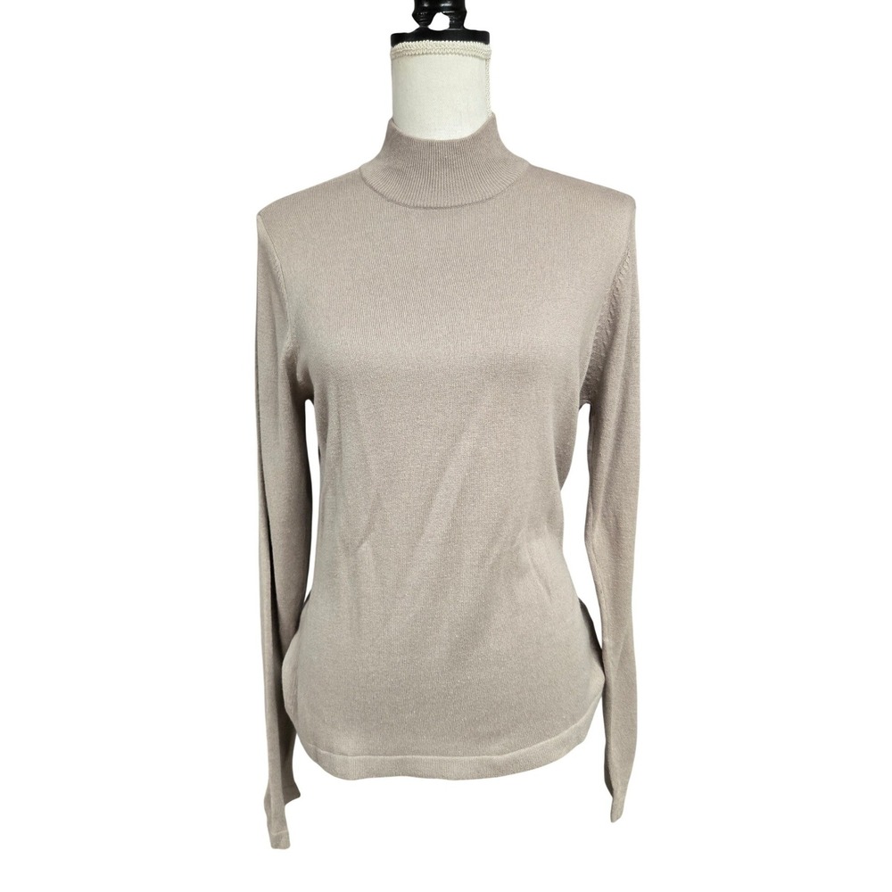 Terry Lewis Silk Cashmere Mock Neck Long Sleeve Sweater Taupe Beige Classic Sz M